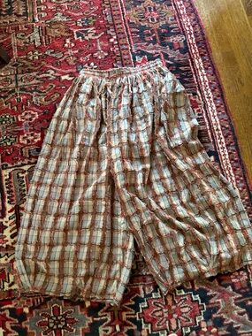 Jaded Gypsy Plaid Gathered Waist Wide Leg Pants in Rust and Cream